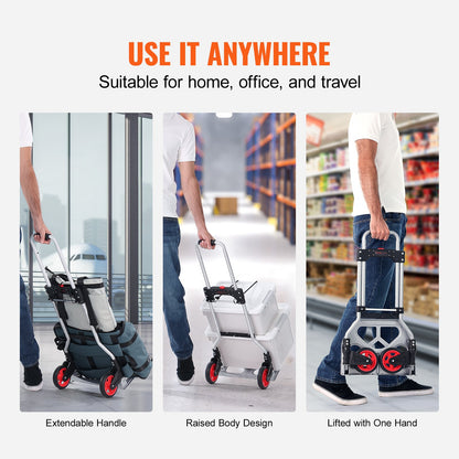 Folding Hand Truck, 80 kg Load Capacity, Aluminum Portable Cart, Convertible Hand Truck and Dolly with Telescoping Handle and Rubber Wheels, Ultra Lightweight Super Strong for Moving Warehouse