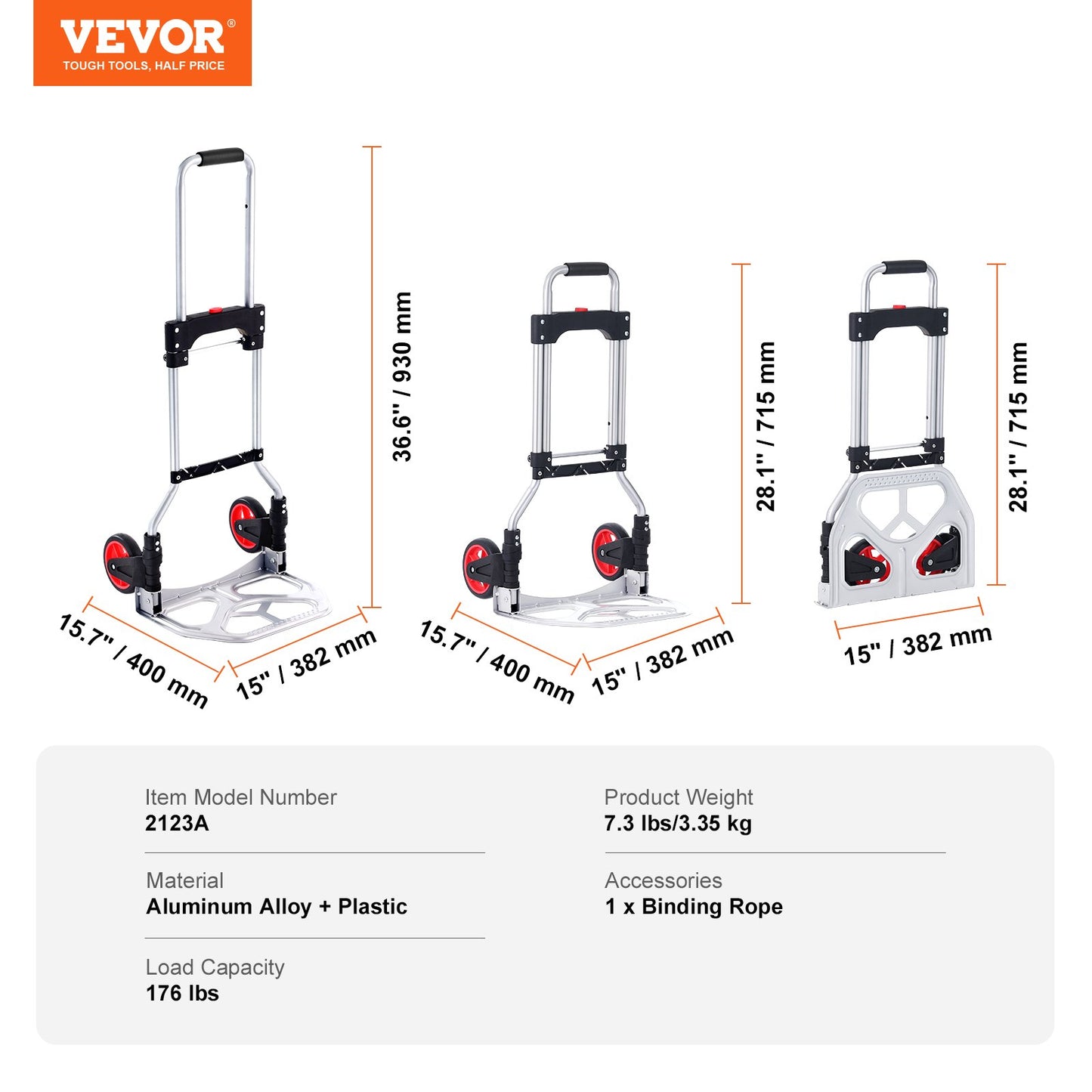 Folding Hand Truck, 80 kg Load Capacity, Aluminum Portable Cart, Convertible Hand Truck and Dolly with Telescoping Handle and Rubber Wheels, Ultra Lightweight Super Strong for Moving Warehouse