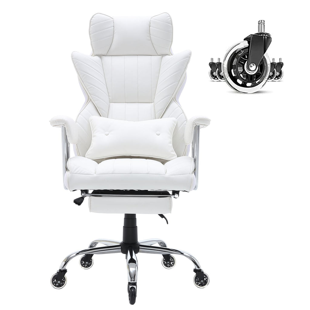 Reclining Office Chair with Footrest, Heavy Duty PU Leather Wide Office Chair, Big and Tall Executive Office Chairs with Lumbar Support, Strong Metal Base Quiet Wheels, White
