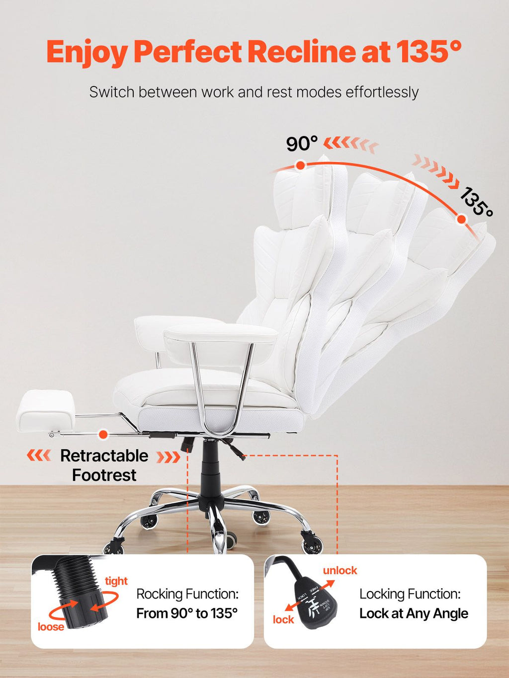 Reclining Office Chair with Footrest, Heavy Duty PU Leather Wide Office Chair, Big and Tall Executive Office Chairs with Lumbar Support, Strong Metal Base Quiet Wheels, White