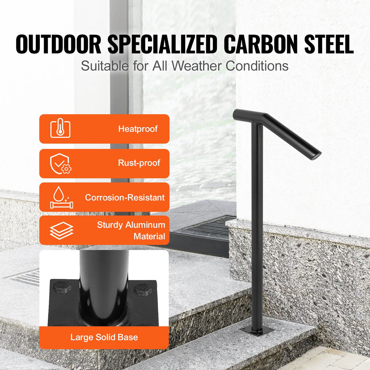 Single Post 1-2, Black Steel Railing 441LBS Capacity Baking Varnish Iron Stairs Stylish Handrails for Outdoor Steps with Expansion Bolts & Drill Bit