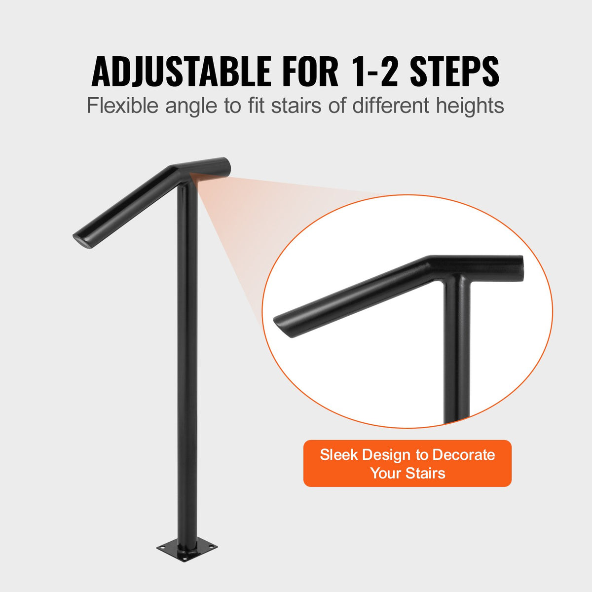 Single Post 1-2, Black Steel Railing 441LBS Capacity Baking Varnish Iron Stairs Stylish Handrails for Outdoor Steps with Expansion Bolts & Drill Bit