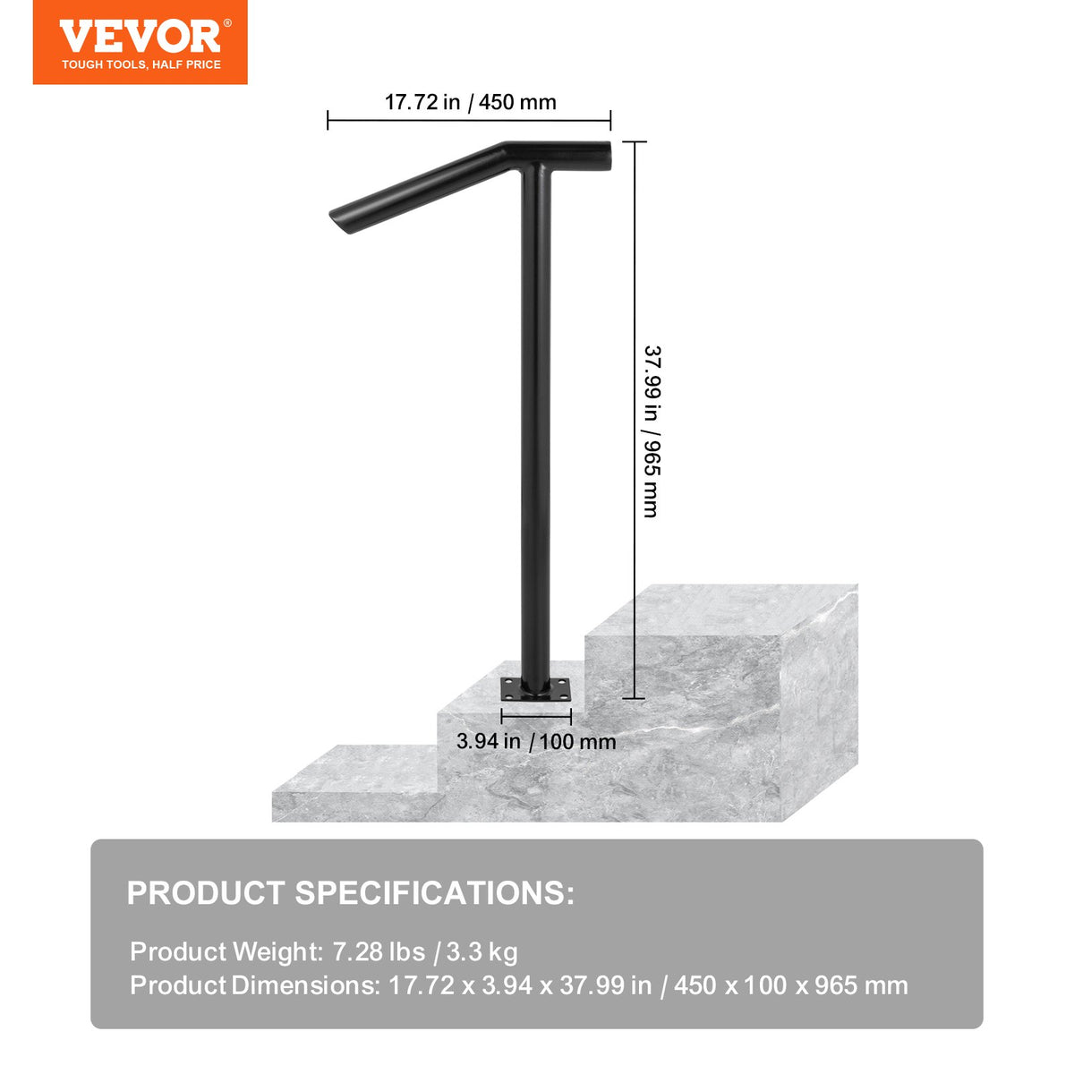 Single Post 1-2, Black Steel Railing 441LBS Capacity Baking Varnish Iron Stairs Stylish Handrails for Outdoor Steps with Expansion Bolts & Drill Bit
