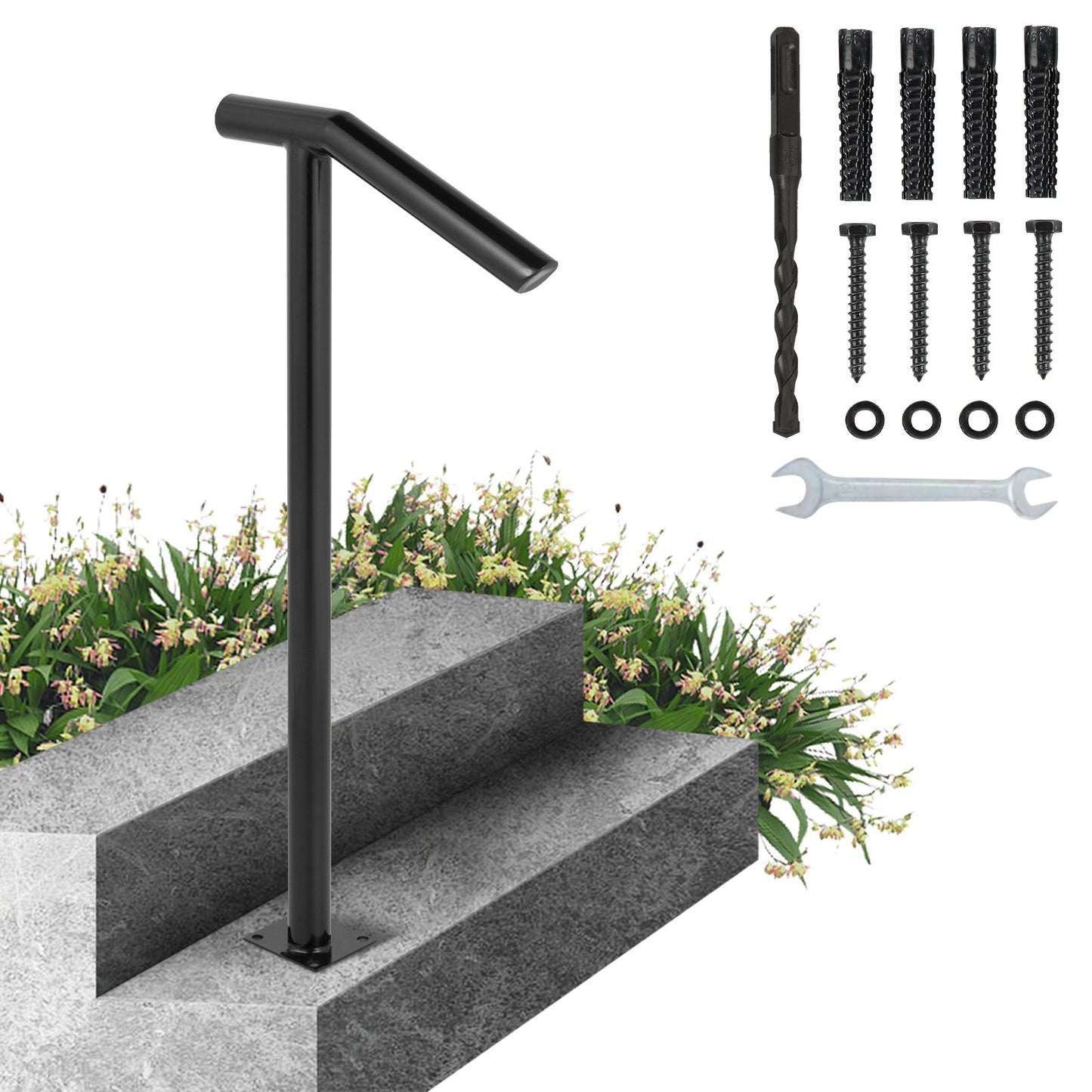Single Post 1-2, Black Steel Railing 441LBS Capacity Baking Varnish Iron Stairs Stylish Handrails for Outdoor Steps with Expansion Bolts & Drill Bit