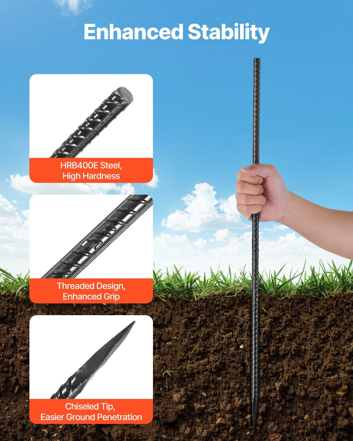 Rebar Stakes, 609.6 mm, Heavy-Duty 12 mm Diameter, Straight Galvanized Steel Ground Anchors with Chisel Point End & Rust-Resistant Coating, for Gardening Support, Fence, Camping Tents (20-Pack)