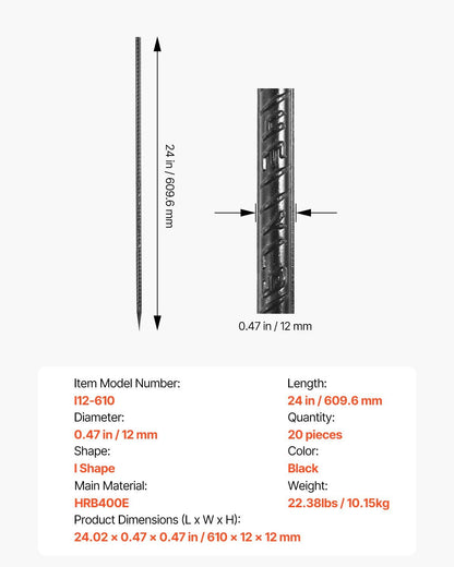 Rebar Stakes, 609.6 mm, Heavy-Duty 12 mm Diameter, Straight Galvanized Steel Ground Anchors with Chisel Point End & Rust-Resistant Coating, for Gardening Support, Fence, Camping Tents (20-Pack)