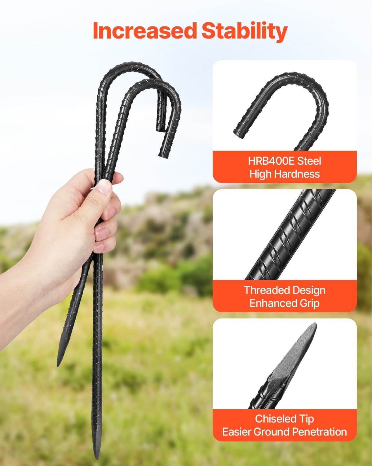 Rebar Stakes, 304.8 mm, Heavy-Duty 10 mm Diameter J Hook, Galvanized Steel Ground Anchors with Chisel Point End & Rust-Resistant Coating, for Gardening Support, Fence, Camping Tents (16-Pack)