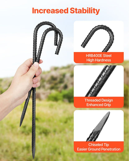 Rebar Stakes, 304.8 mm, Heavy-Duty 10 mm Diameter J Hook, Galvanized Steel Ground Anchors with Chisel Point End & Rust-Resistant Coating, for Gardening Support, Fence, Camping Tents (16-Pack)