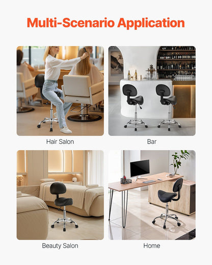 Saddle Rolling Stool, PU Leather Rolling Stool with Backrest, 360° Swivel Drafting Stool with Thickened Cushion, Height Adjustable Rolling Work SPA Stool, for Office, Home, Salon & Bar, Black