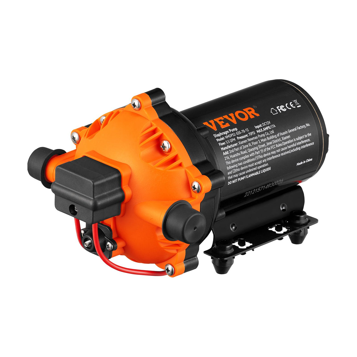 VEVOR Water Diaphragm Pump, 20.8 LPM Flow, 4.8 bar Rated Pressure (2.8-6.9 bar Adjustable), 12.7 mm MNPT Self Priming Sprayer Pump with Pressure Switch for RV Camper Marine Boat Lawn, FCC Certified