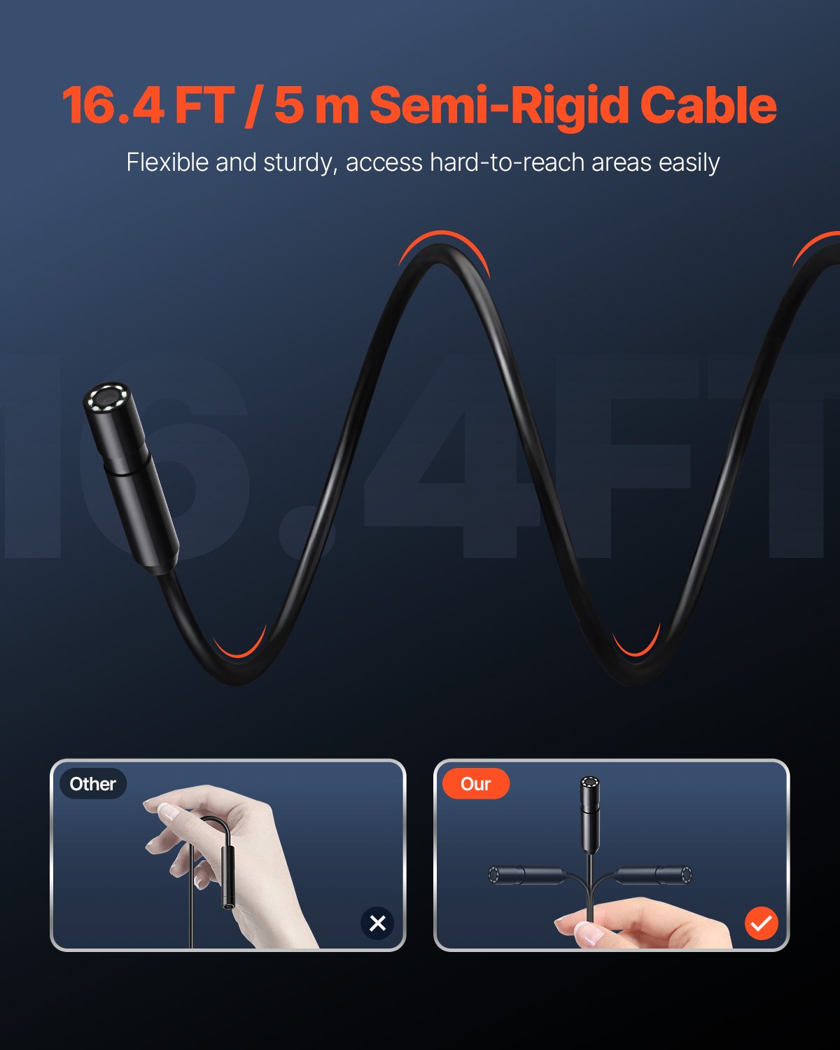 Endoscope Camera with Light, 1920P HD Borescope for Android & IOS, 8 LED Lights Inspection Camera with 5m Semi-Rigid Cable, 2X Zoom, IP67 Waterproof Snake Scope Camera for Auto, Plumbing