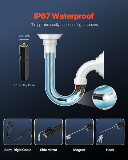 Endoscope Camera with Light, 1920P HD Borescope for Android & IOS, 8 LED Lights Inspection Camera with 5m Semi-Rigid Cable, 2X Zoom, IP67 Waterproof Snake Scope Camera for Auto, Plumbing