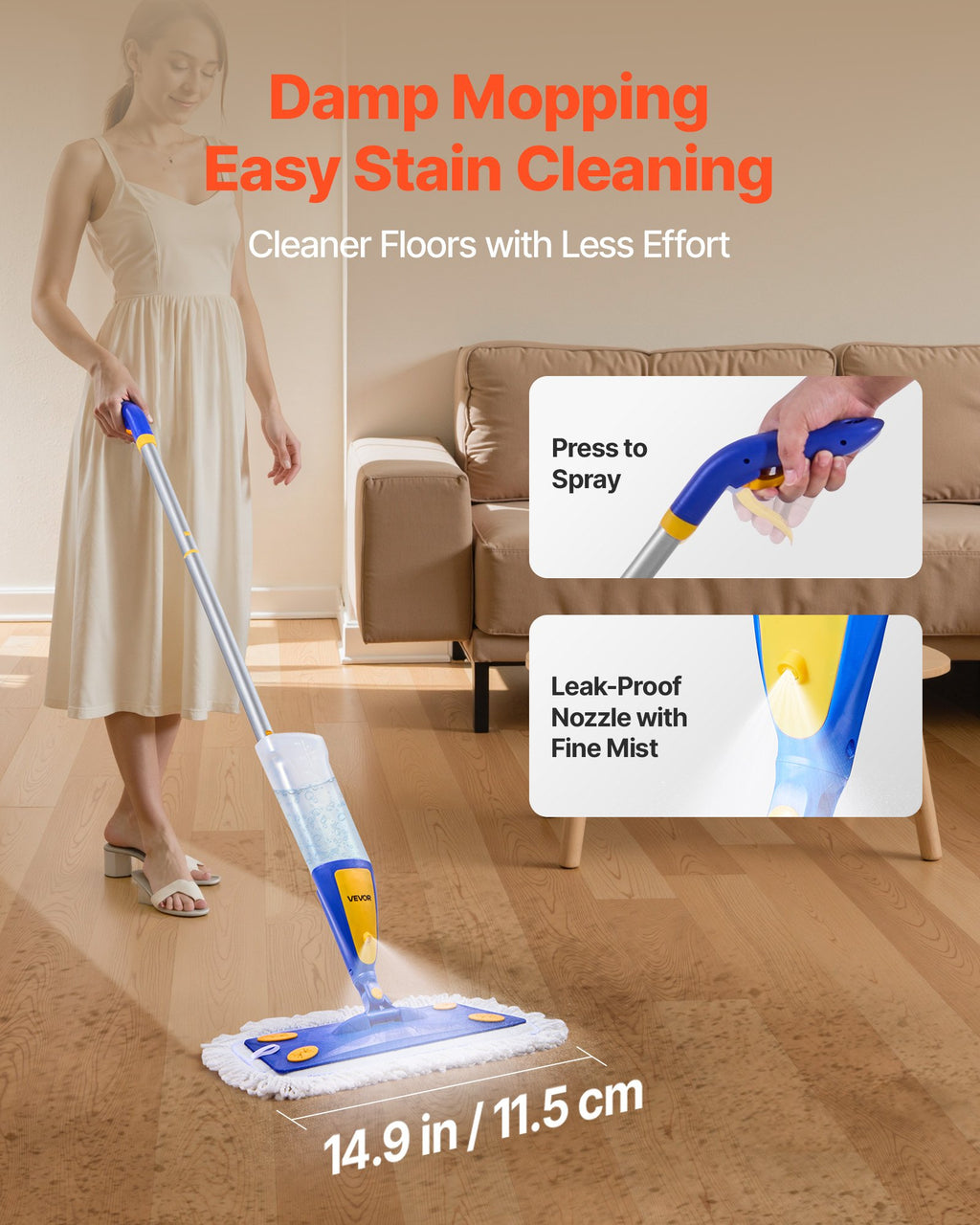 VEVOR Spray Mop, with 3 Washable Pads for Dry and Wet Floor Cleaning & an 800ml Refillable Water Tank, Microfiber Dust Wet Mop & Twisted Cotton Dry Mop, Commercial Home Use for Tiles/Vinyl/Wood Floor