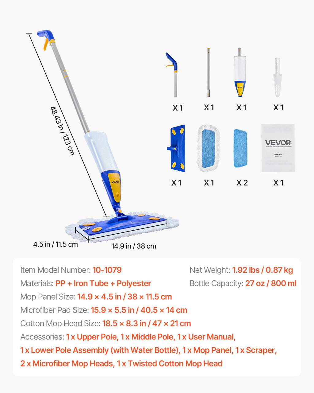 VEVOR Spray Mop, with 3 Washable Pads for Dry and Wet Floor Cleaning & an 800ml Refillable Water Tank, Microfiber Dust Wet Mop & Twisted Cotton Dry Mop, Commercial Home Use for Tiles/Vinyl/Wood Floor