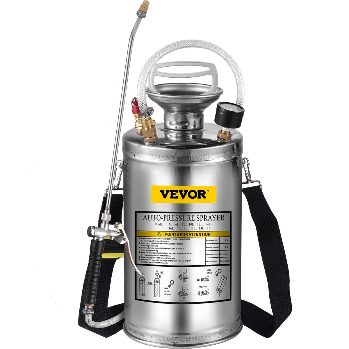 VEVOR 1.5Gal Stainless Steel Sprayer, Set with 16" Wand& Handle& 3.3FT Reinforced Hose, Hand Pump Sprayer with Pressure Gauge&Safety Valve, Adjustable Nozzle Suitable for Gardening& Sanitizing