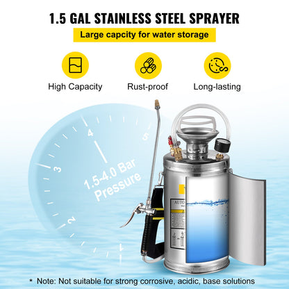 VEVOR 1.5Gal Stainless Steel Sprayer, Set with 16" Wand& Handle& 3.3FT Reinforced Hose, Hand Pump Sprayer with Pressure Gauge&Safety Valve, Adjustable Nozzle Suitable for Gardening& Sanitizing