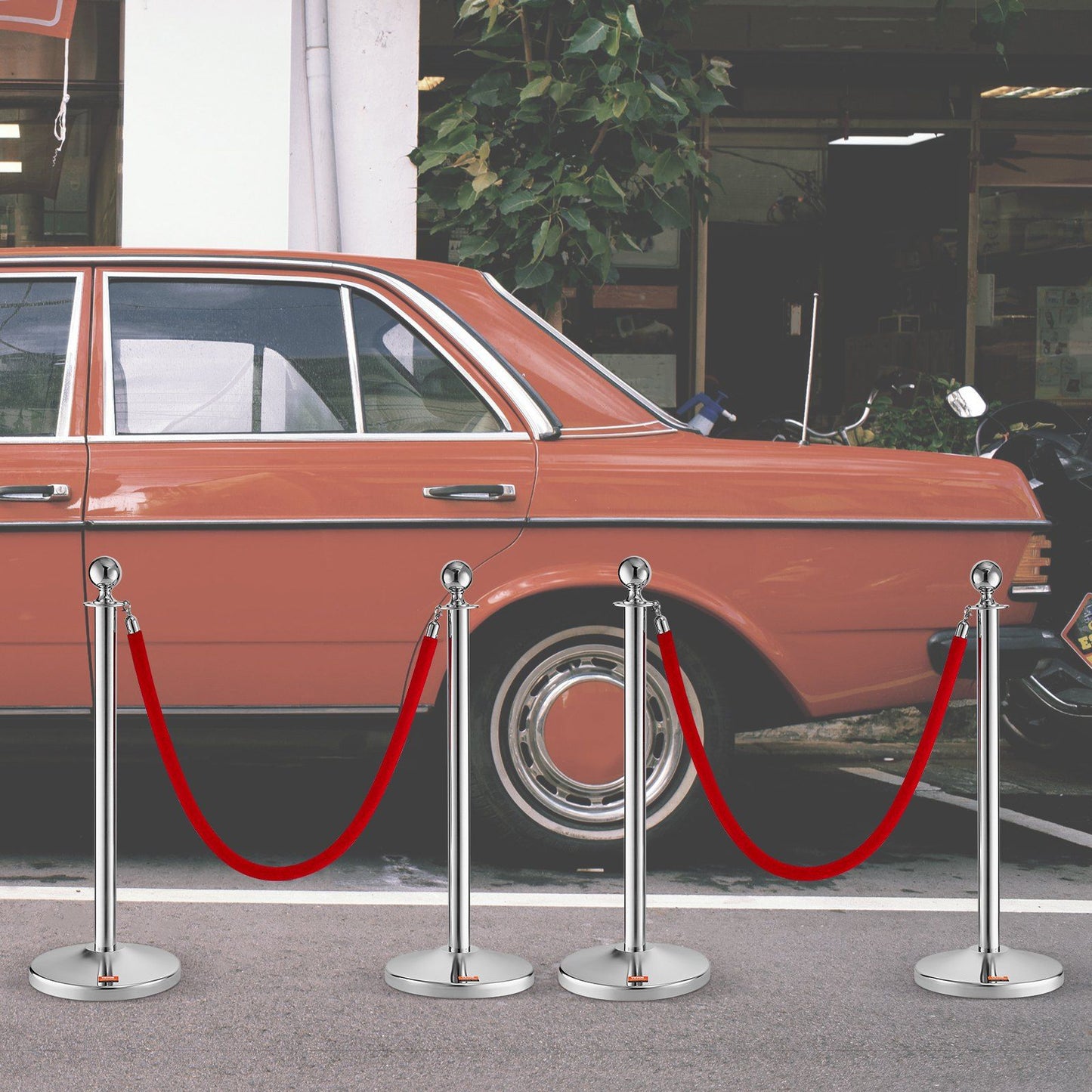 Stanchion Post with Velvet Rope, 4-Pack Crowd Control Stanchion with 2PCS 5FT Red Velvet Ropes, Stainless Steel Queue Barrier Line Divider with Fillable Plastic Base, Ball Top for Wedding Museum