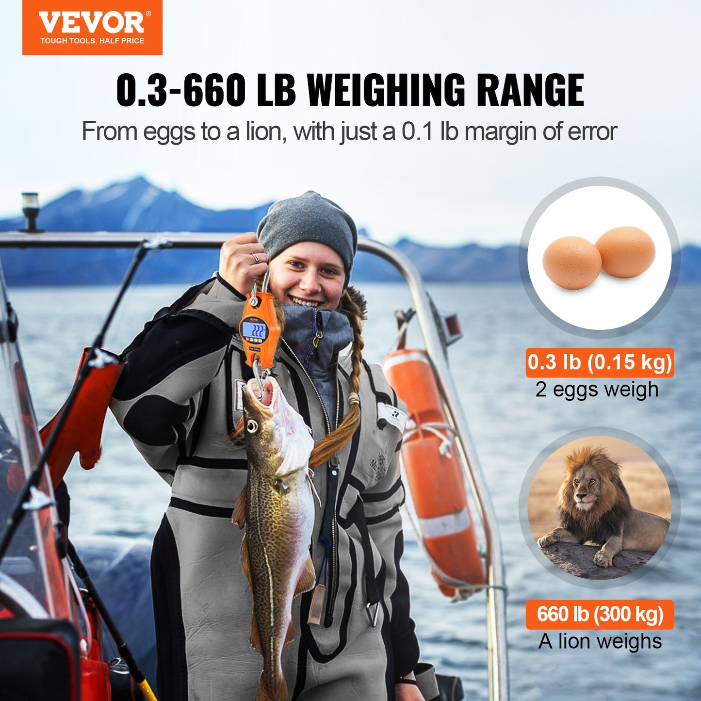 Digital Crane Scale, 660 lbs/300 kg, Industrial Heavy Duty Hanging Scale with Cast Aluminum Case & LCD Screen, Handheld Mini Crane with Hooks for Farm, Hunting, Fishing, Outdoor, Garage (Orange)
