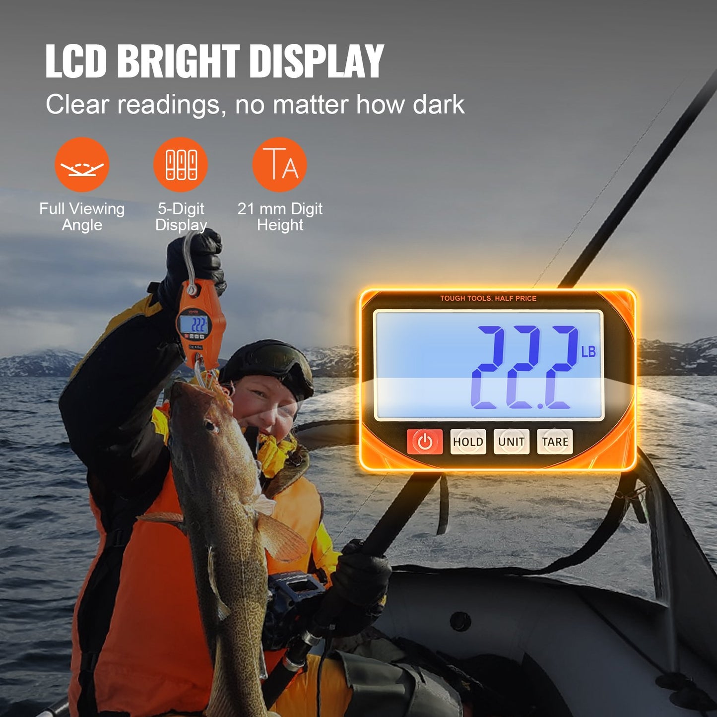 Digital Crane Scale, 660 lbs/300 kg, Industrial Heavy Duty Hanging Scale with Cast Aluminum Case & LCD Screen, Handheld Mini Crane with Hooks for Farm, Hunting, Fishing, Outdoor, Garage (Orange)