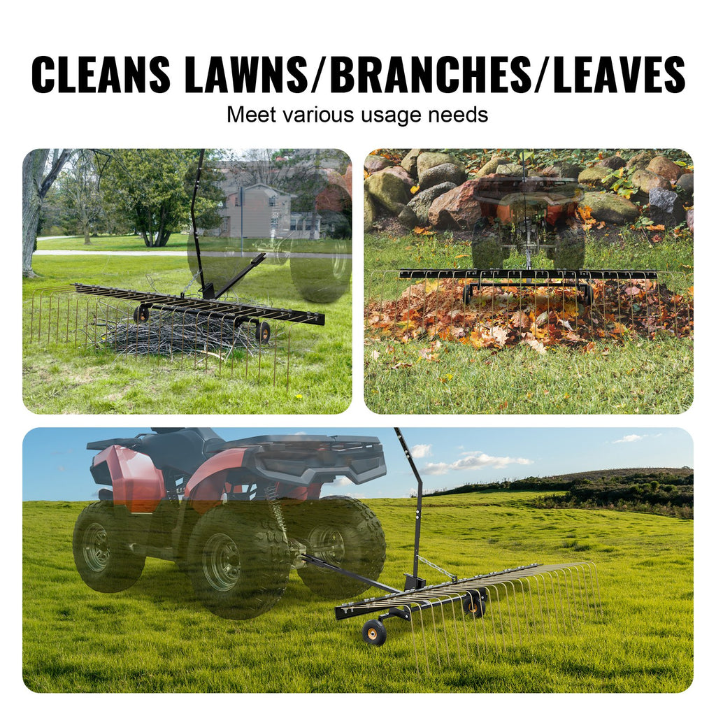 VEVOR Tow Behind Dethatcher, 1.5m Tow Dethatcher with 24 Steel Tines, Lawn Dethatcher Rake for ATV or Mower, Tow Behind Lawn Rake with Lift Handle for Leaves, Pine Needles, and Grass