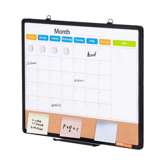 Multifunctional whiteboard with calendar and magnetic markers on a white background