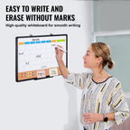 Woman writing on a high-quality whiteboard with text about its features.