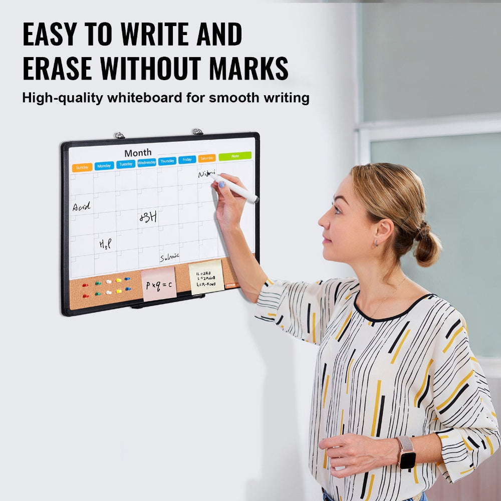 Woman writing on a high-quality whiteboard with text about its features.