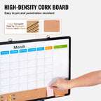 High-density cork board with a hand placing a pin, featuring a calendar and cork surface.