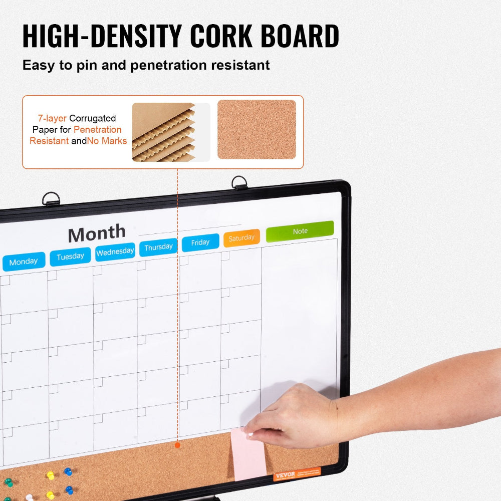 High-density cork board with a hand placing a pin, featuring a calendar and cork surface.
