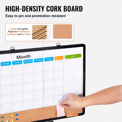 High-density cork board with a hand placing a pin, featuring a calendar and cork surface.