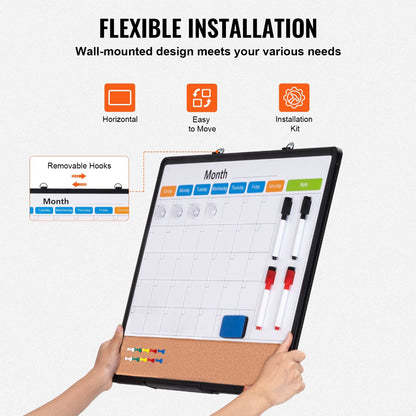 Wall-mounted planner with hooks and markers, featuring flexible installation text and icons.