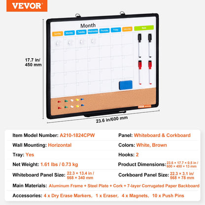 Vevor whiteboard and corkboard with dimensions and features listed