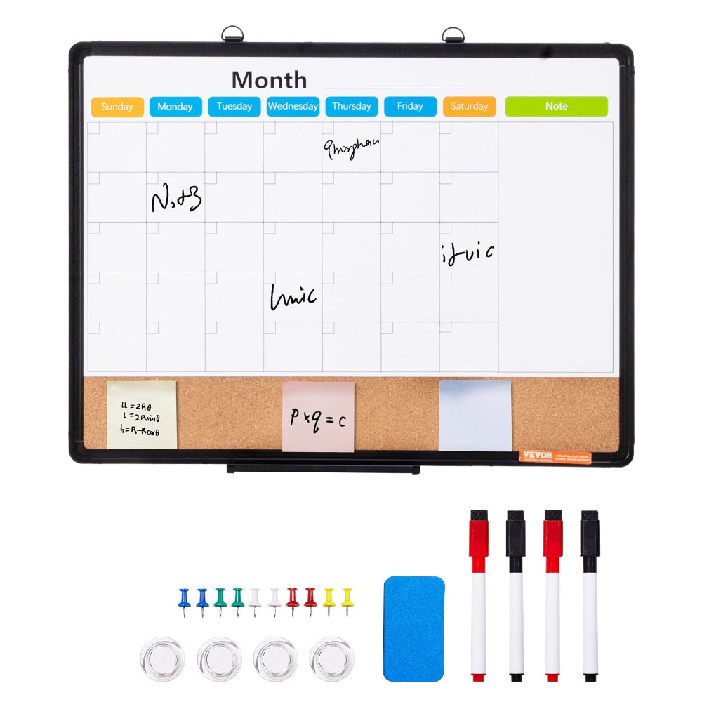 Multifunctional whiteboard with calendar, markers, and pins on a white background