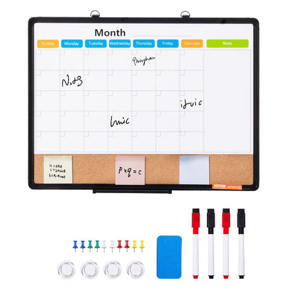 Multifunctional whiteboard with calendar, markers, and pins on a white background