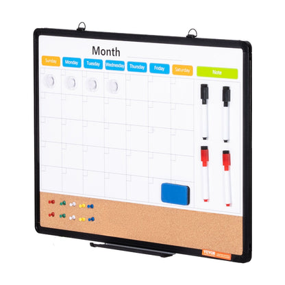 Multifunctional whiteboard with calendar, dry erase markers, and magnetic pins on a white background
