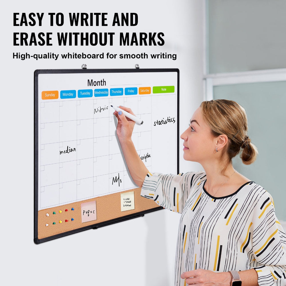 Woman writing on a whiteboard with text about its features