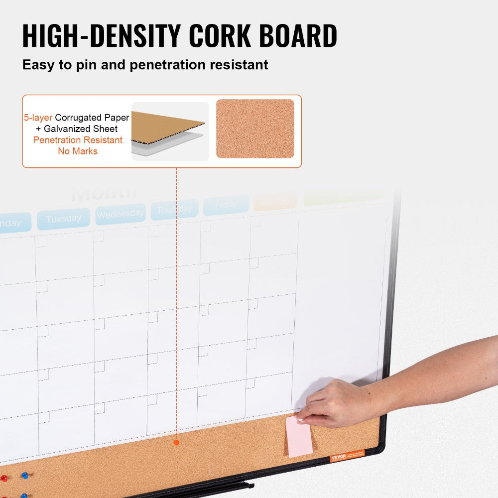 High-density cork board with a hand placing a pink sticky note, on a white background.