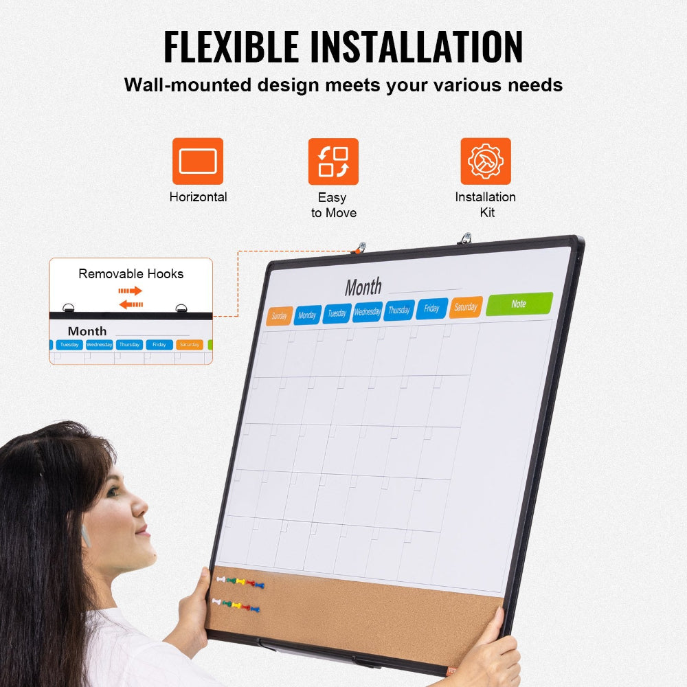 Person holding a wall-mounted calendar with flexible installation features on a white background