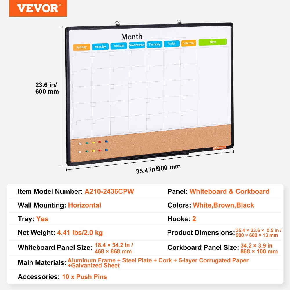 Vevor whiteboard and corkboard with dimensions and features listed
