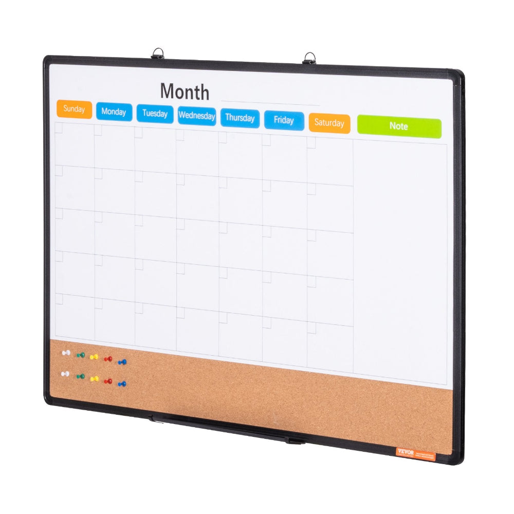 Calendar board with month labels and a cork strip at the bottom on a white background