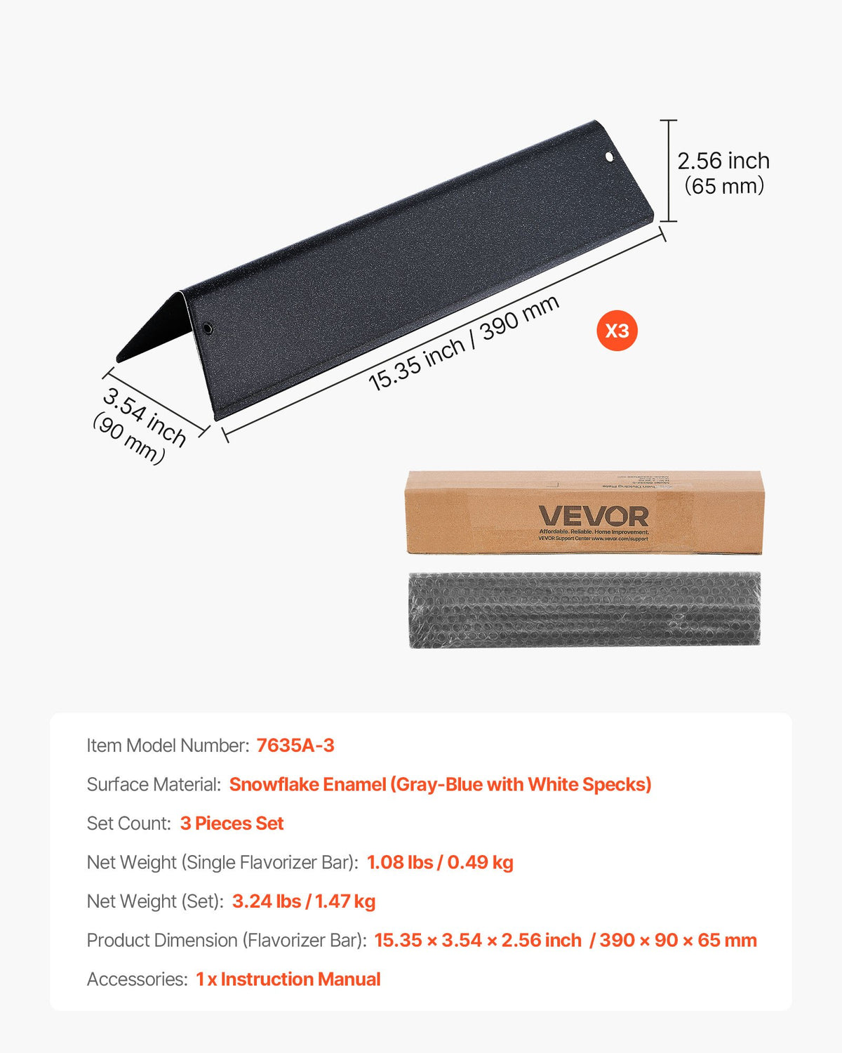 VEVOR Flavorizer Bars, 39cm Grill Replacement Part, for Weber Spirit I & II 200 Series Grills, Including Spirit ll E-210, ll E-220, ll S-210, E-210, S-210, Porcelain-enameled Steel Heat Plate, 3 Pack