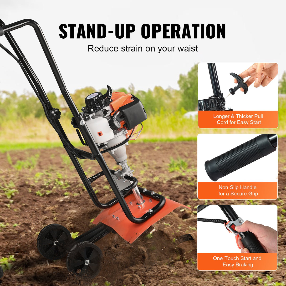 VEVOR Tiller Cultivator Gas Powered, 31CC 4-Stroke Garden Cultivator, Tiller with 4 Steel Adjustable Front Tines for Lawn, Garden and Field Soil Cultivation