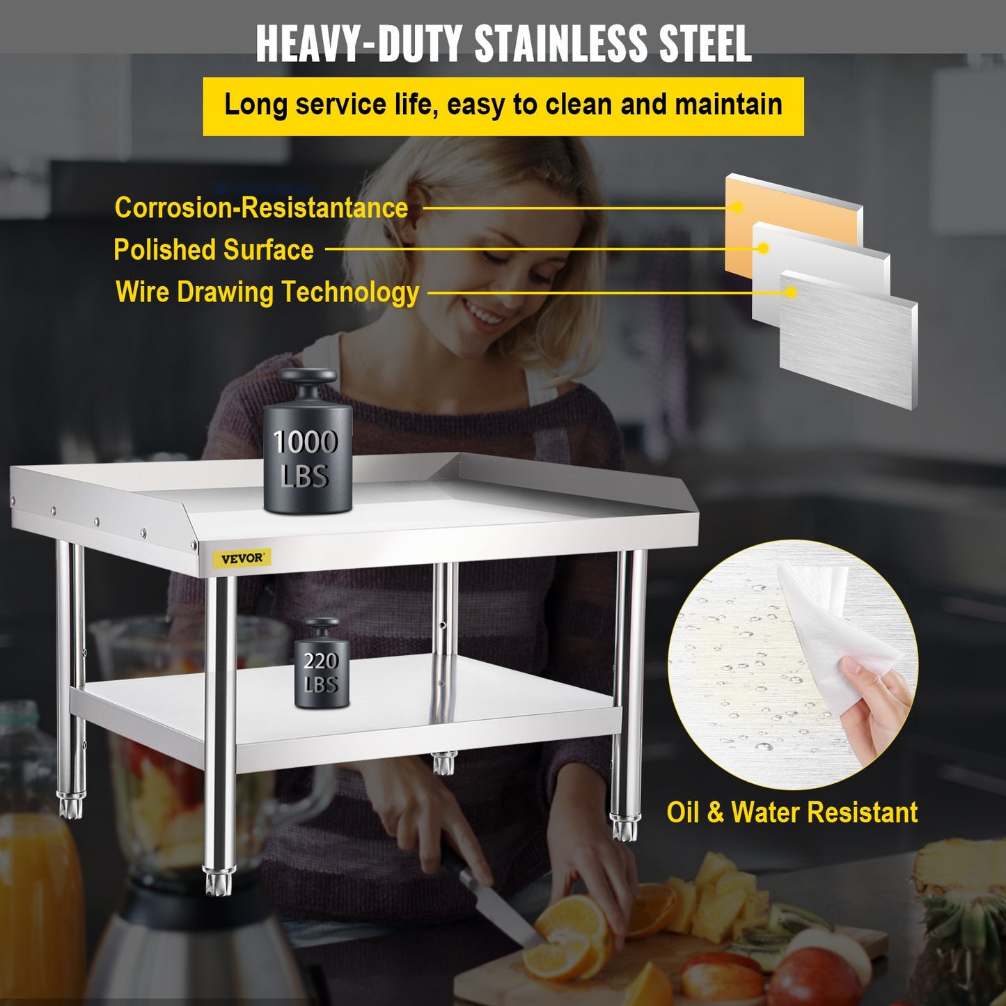 VEVOR Stainless Steel Equipment Grill Stand, 122 x 76 x 61cm Stainless Table, Grill Stand Table with Adjustable Storage Undershelf, Equipment Stand Grill Table for Hotel, Home, Restaurant Kitchen