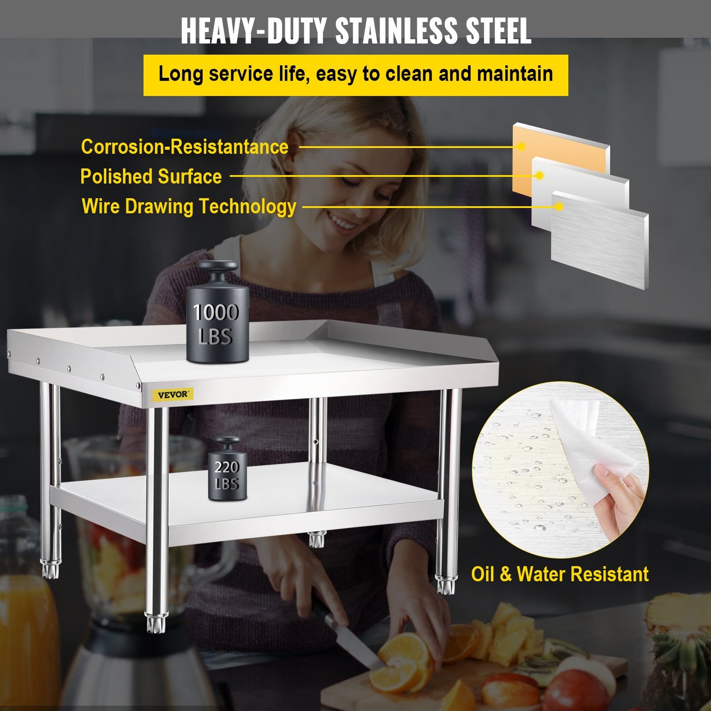 VEVOR Stainless Steel Equipment Grill Stand, 152x76x61 cm Stainless Table, Grill Stand Table with Adjustable Storage Undershelf, Equipment Stand Grill Table for Hotel, Home, Restaurant Kitchen