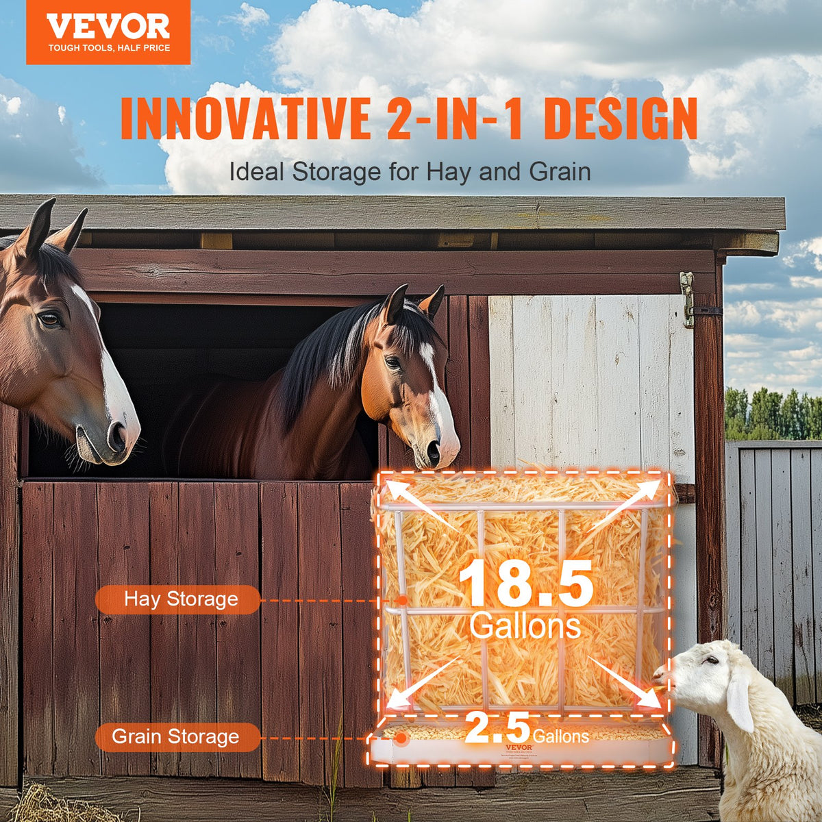 VEVOR Goat Hay Feeder, 21 Gallons Large Capacity, 2 in 1 Hay and Grain Feeder, Wall Mounted Livestock Feeder with Feed Tray, Multiple Sided Goat Hay Rack, Sturdy Steel Hay Rack for Sheep Horses