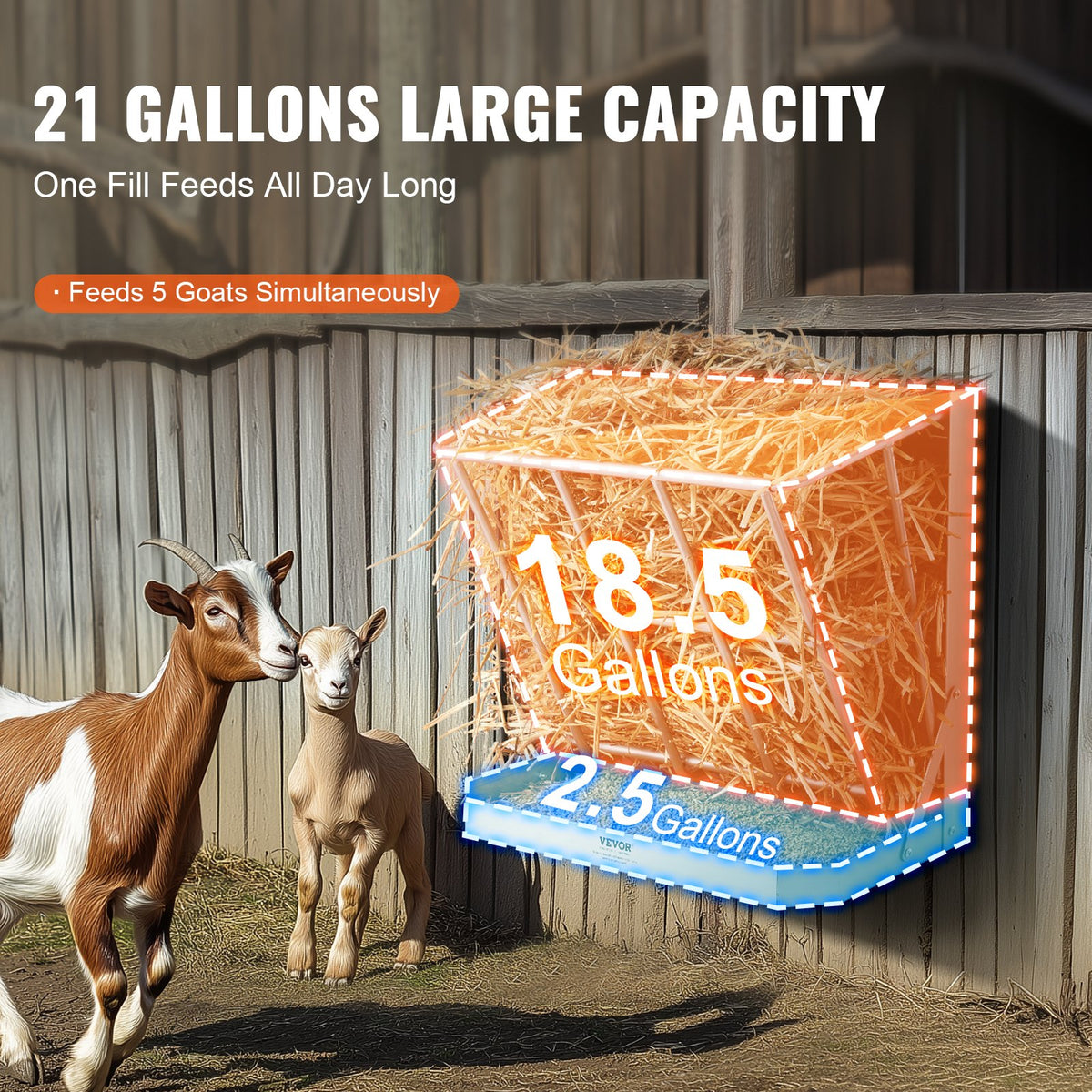 VEVOR Goat Hay Feeder, 21 Gallons Large Capacity, 2 in 1 Hay and Grain Feeder, Wall Mounted Livestock Feeder with Feed Tray, Multiple Sided Goat Hay Rack, Sturdy Steel Hay Rack for Sheep Horses