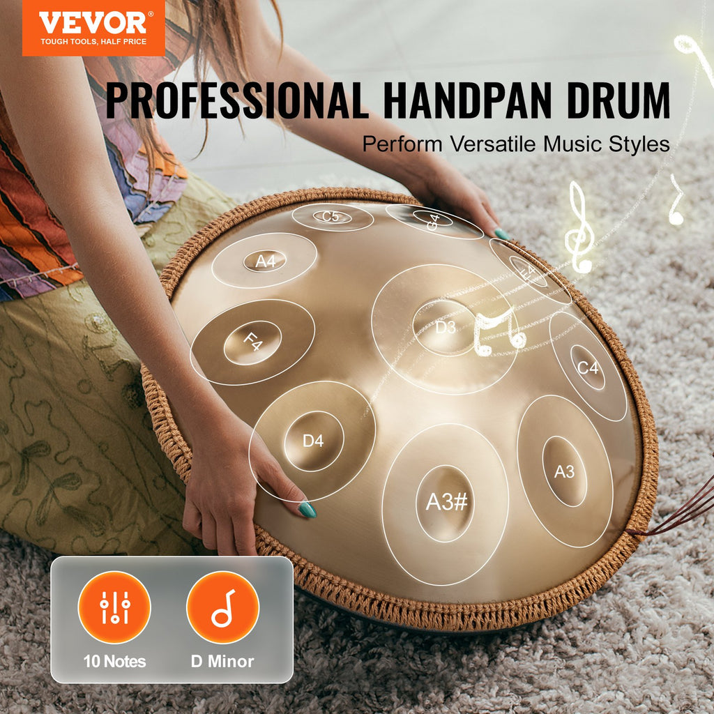 Handpan Drum 22 in 10 Notes D Minor Hand Drum Instrument with Mallet