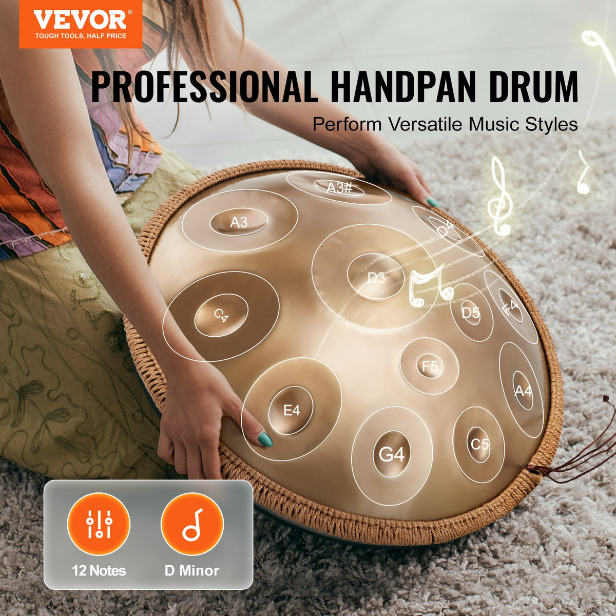 Handpan Drum 22 in 12 Notes D Minor Hand Drum Instrument with Mallet