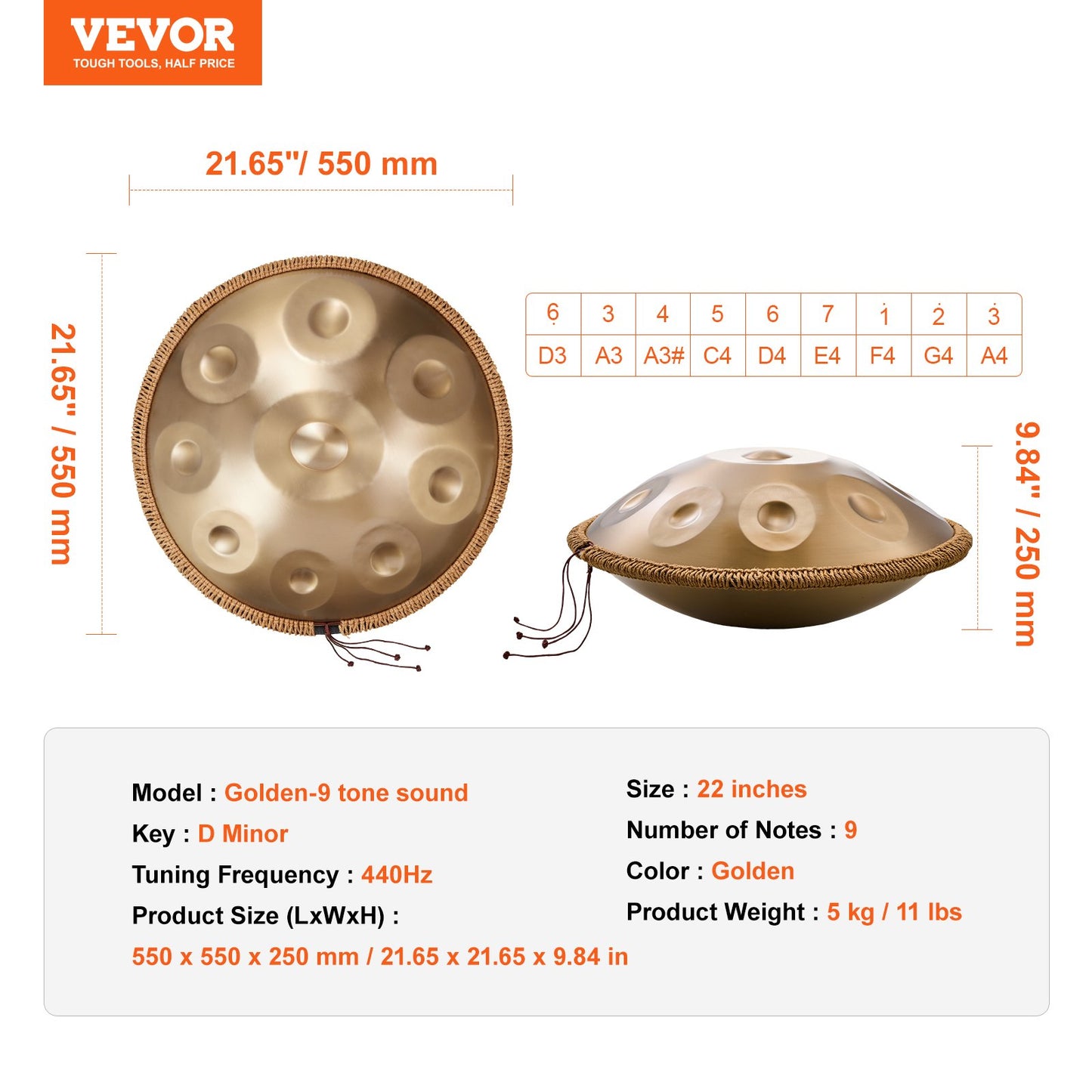 Handpan Drum 22 in 9 Notes D Minor Steel Hand Drum with Mallets for Adult