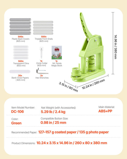 Button Maker Machine, 25 mm, Plastic Pin Maker with 500pcs Button Parts, Mr. Panda Magic Book, Circle Cutter and Hex Wrenches, Reinforced Ergonomic Handle, for DIY Badges, Personalized Pins